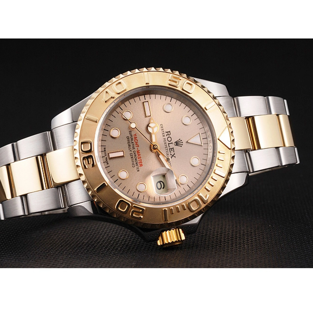 Aaa replica watch Case Tone Bezel Gold Swiss Yacht-Master Champagne Two Rolex Dial Stainless Bracelet Steel 0703